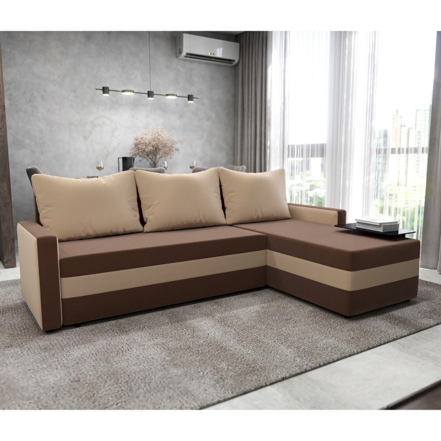 Sofá esquinero tapizado reversible y convertible en L BRISTOL marrón/beige