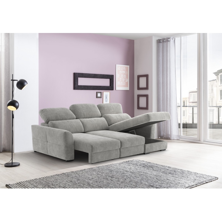 Sofá esquinero universal extensible de tres plazas con espacio de almacenamiento TRENTO gris claro