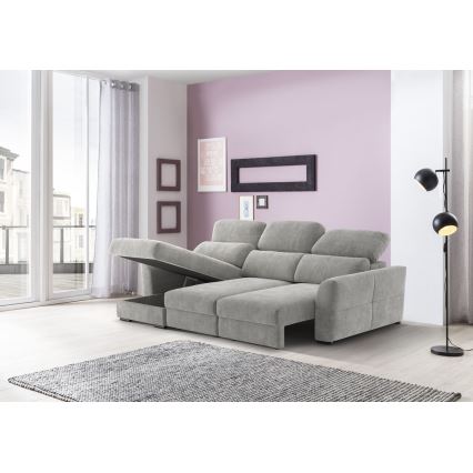 Sofá esquinero universal extensible de tres plazas con espacio de almacenamiento TRENTO gris claro