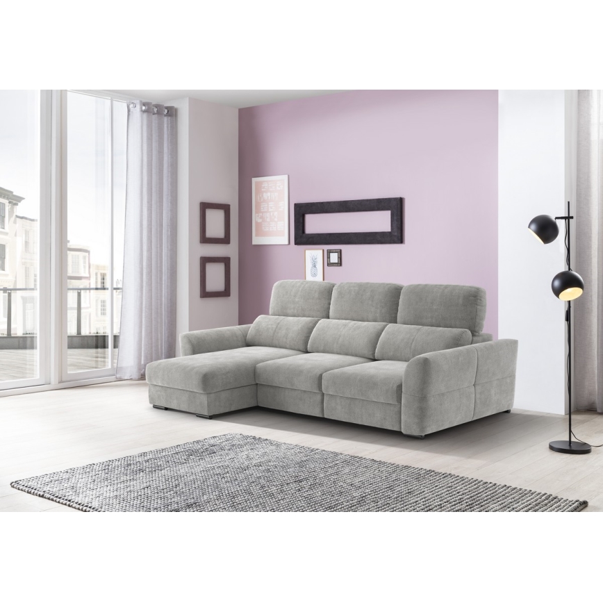 Sofá esquinero universal extensible de tres plazas con espacio de almacenamiento TRENTO gris claro