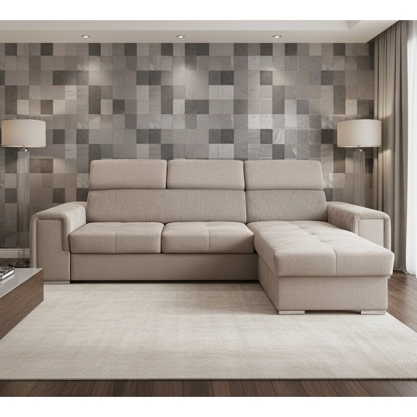 Sofá esquinero universal en L con función cama y arcón de almacenaje SALVADA beige