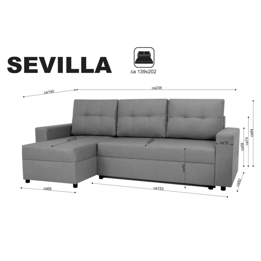 Sofá esquinero universal con función de cama y espacio de almacenamiento SEVILLA antracita