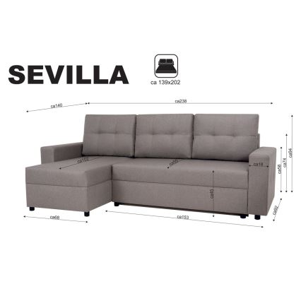 Sofá esquinero universal con función de cama y espacio de almacenamiento SEVILLA gris