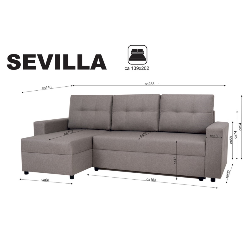 Sofá esquinero universal con función de cama y espacio de almacenamiento SEVILLA gris