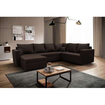 Sofá esquinero universal extensible en forma de U SEYA con espacio de almacenamiento, color marrón