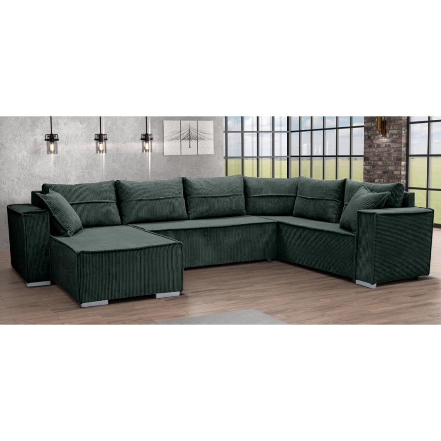 Sofá esquinero versátil en U LONDON, convertible en cama, color verde