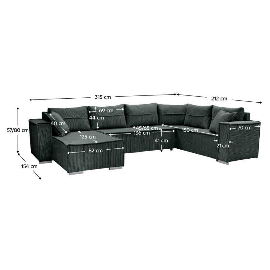 Sofá esquinero versátil en U LONDON, convertible en cama, color verde