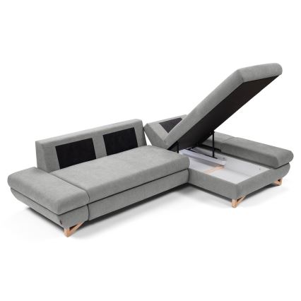 Sofá esquinero tapizado con cama y arcón de almacenaje en L AVESTA, orientación derecha, gris