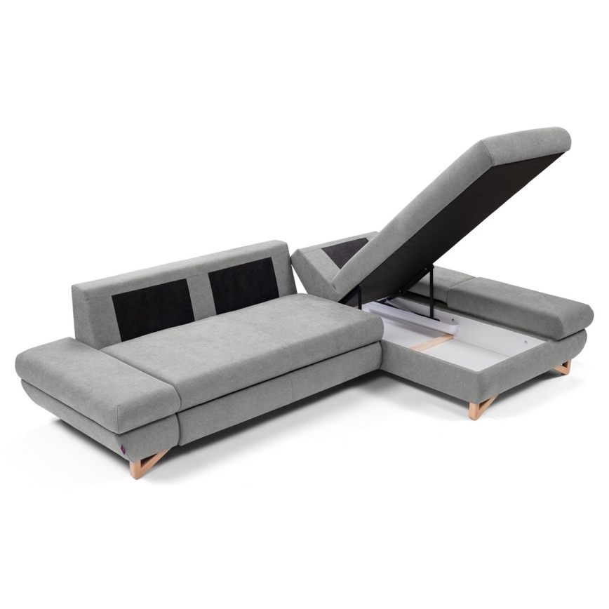 Sofá esquinero tapizado con cama y arcón de almacenaje en L AVESTA, orientación derecha, gris