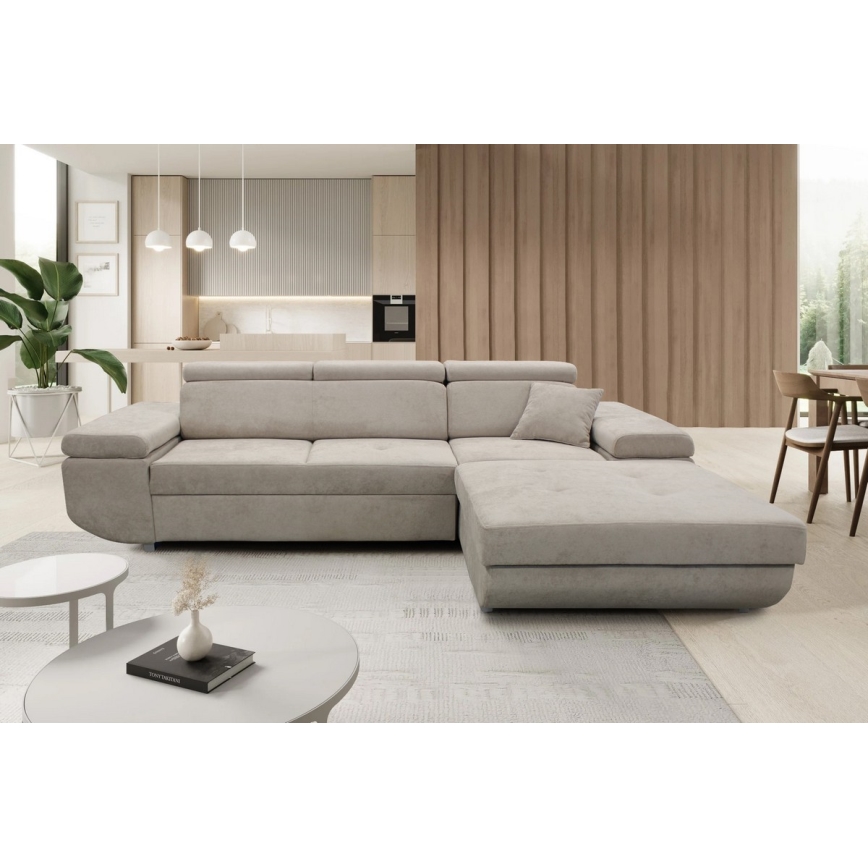 Sofá rinconero en forma de L tapizado y plegable CASTELO derecho gris