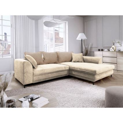 Sofá rinconero en forma de L tapizado y plegable LAGOA derecho beige/marrón
