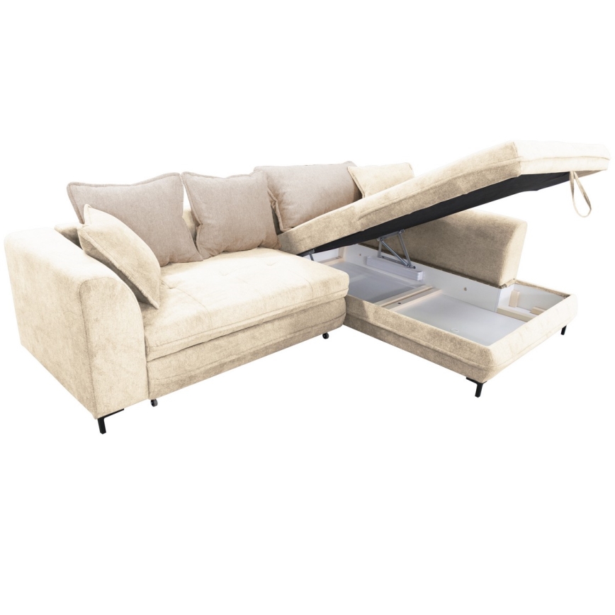 Sofá rinconero en forma de L tapizado y plegable LAGOA derecho beige/marrón