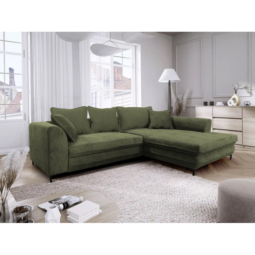 Sofá rinconero en forma de L tapizado y plegable LAGOA derecho verde