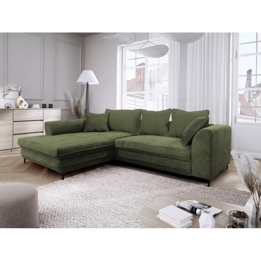 Sofá rinconero en forma de L tapizado y plegable LAGOA izquierda verde