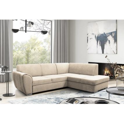 Sofá rinconero en forma de L tapizado y plegable SERPA derecho beige