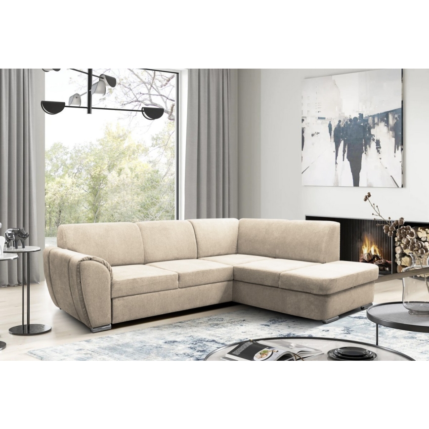 Sofá rinconero en forma de L tapizado y plegable SERPA derecho beige