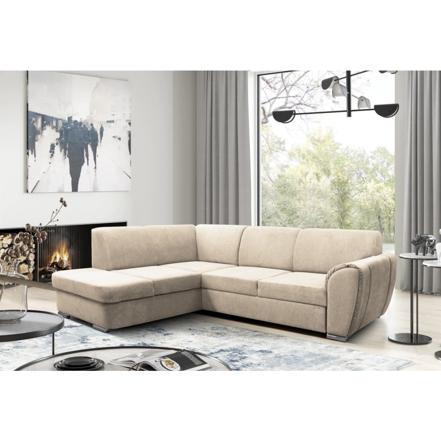 Sofá rinconero en forma de L tapizado y plegable SERPA izquierda beige