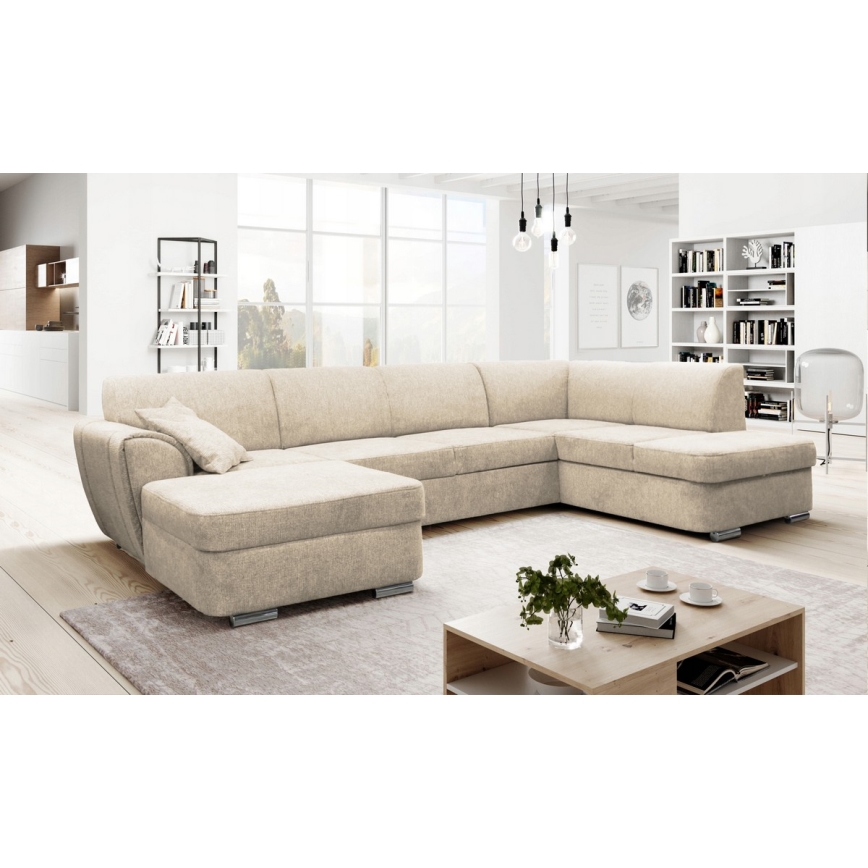 Sofá rinconero en forma de U tapizado y plegable SERPA derecho beige