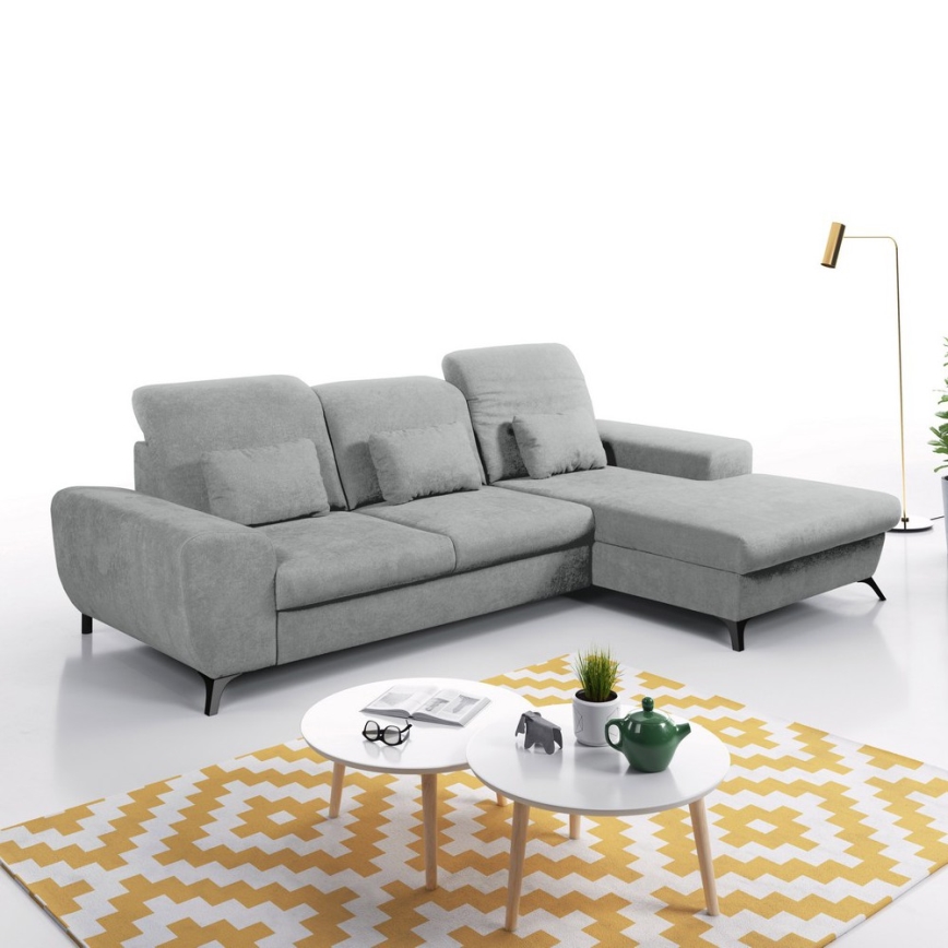 Sofá rinconero tapizado en L con cama desplegable y arcón ALTA, orientación derecha, color gris