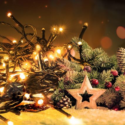 Cadena luminosa LED para exterior, 50 LEDs, 8 funciones, 8 m, IP44, blanco cálido