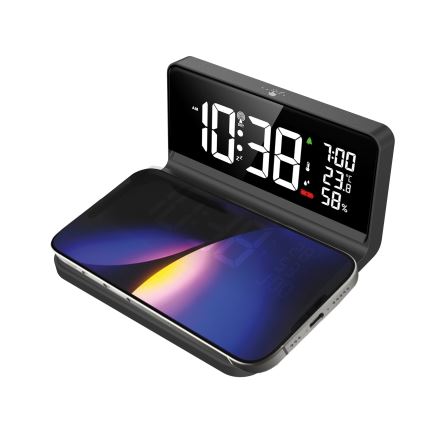 Despertador LED con pantalla LCD y carga inalámbrica Qi LED/10W/230V