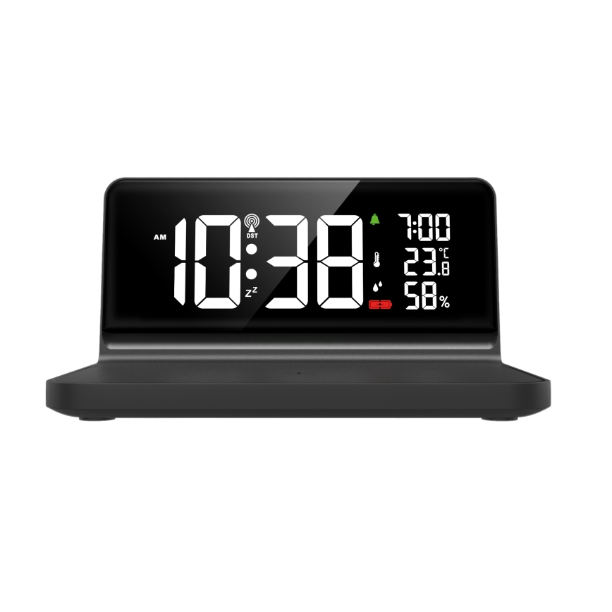 Despertador LED con pantalla LCD y carga inalámbrica Qi LED/10W/230V