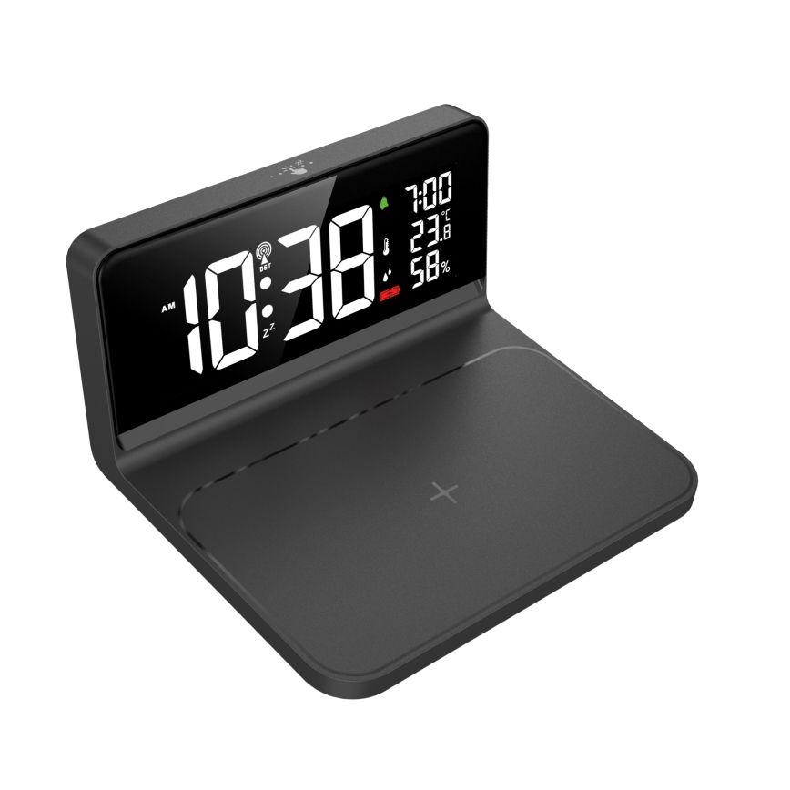 Despertador LED con pantalla LCD y carga inalámbrica Qi LED/10W/230V