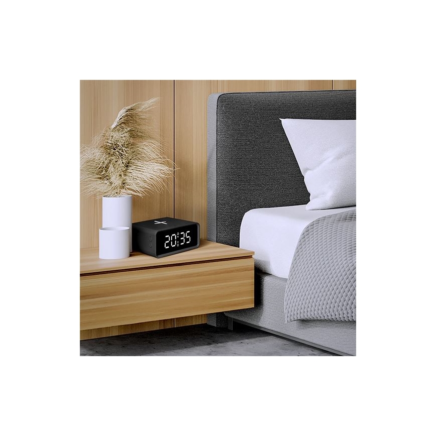 Reloj digital con cargador inalámbrico Qi 230 V / CR2032, negro