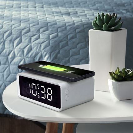 Reloj digital con cargador inalámbrico Qi, 230 V/CR2032, blanco
