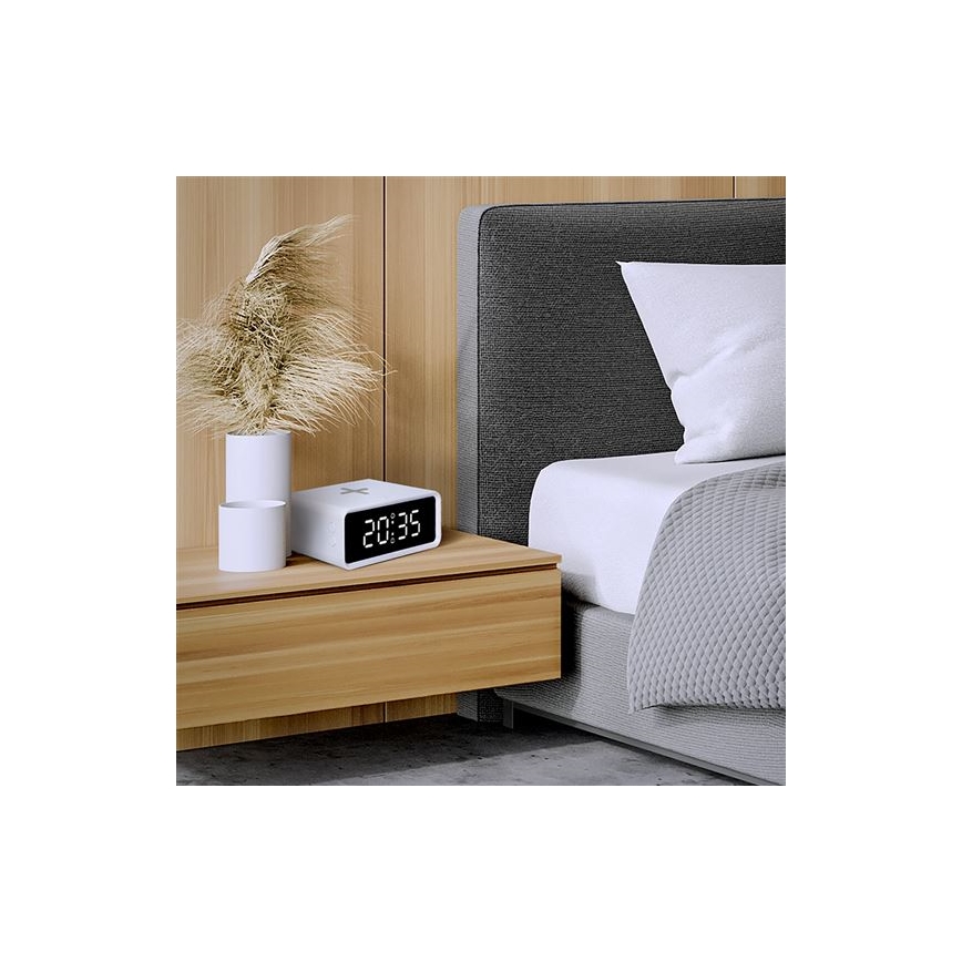 Reloj digital con cargador inalámbrico Qi, 230 V/CR2032, blanco