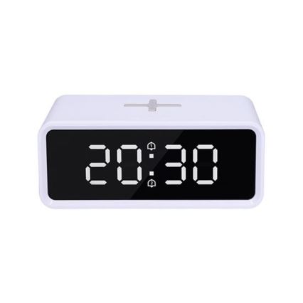 Reloj digital con cargador inalámbrico Qi, 230 V/CR2032, blanco