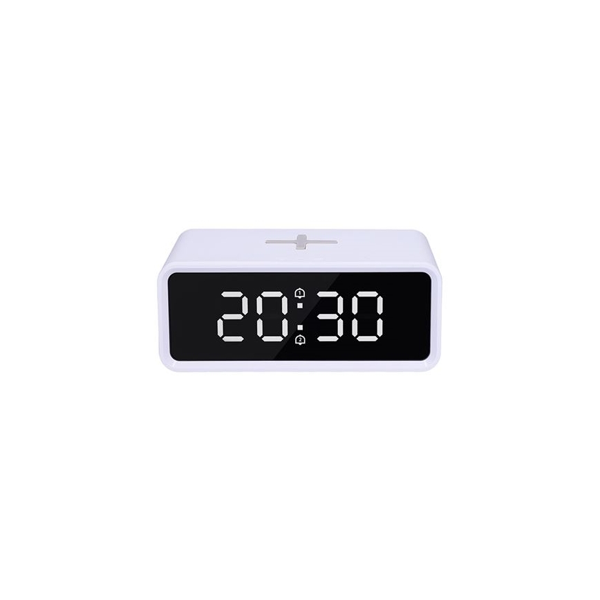 Reloj digital con cargador inalámbrico Qi, 230 V/CR2032, blanco