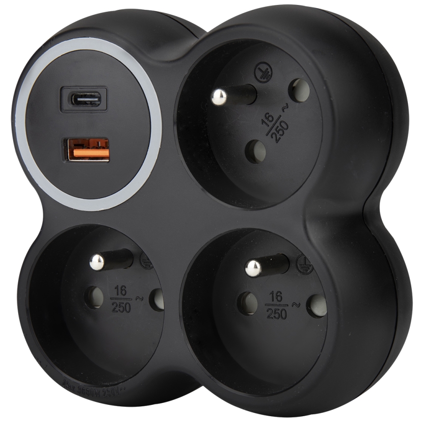 Regleta de enchufes 3x 15 A con puertos USB tipo A y C, negra