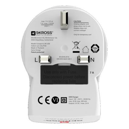 Adaptador de viaje para Reino Unido 230V + 2x puerto USB