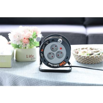 Cable de extensión en carrete, 3 enchufes, 12 m