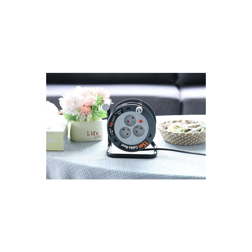 Cable de extensión en carrete, 3 enchufes, 12 m