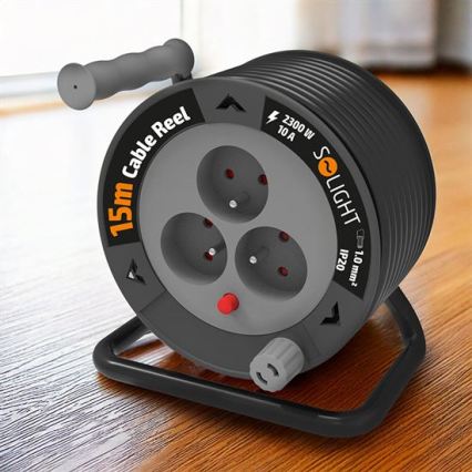 Cable de extensión en carrete, 3 enchufes, 12 m