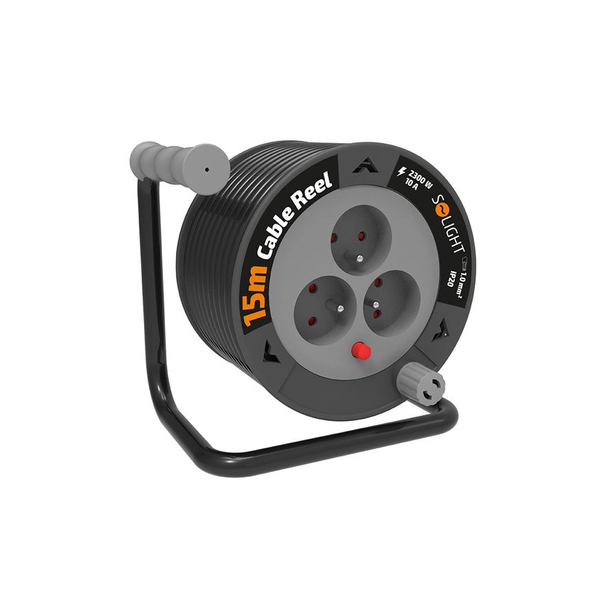 Cable de extensión en carrete, 3 enchufes, 12 m