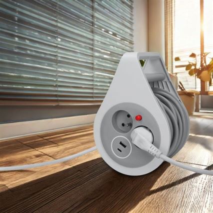 Enrollador de cable de extensión con 2 enchufes y puertos USB Tipo A y Tipo C, 10 m