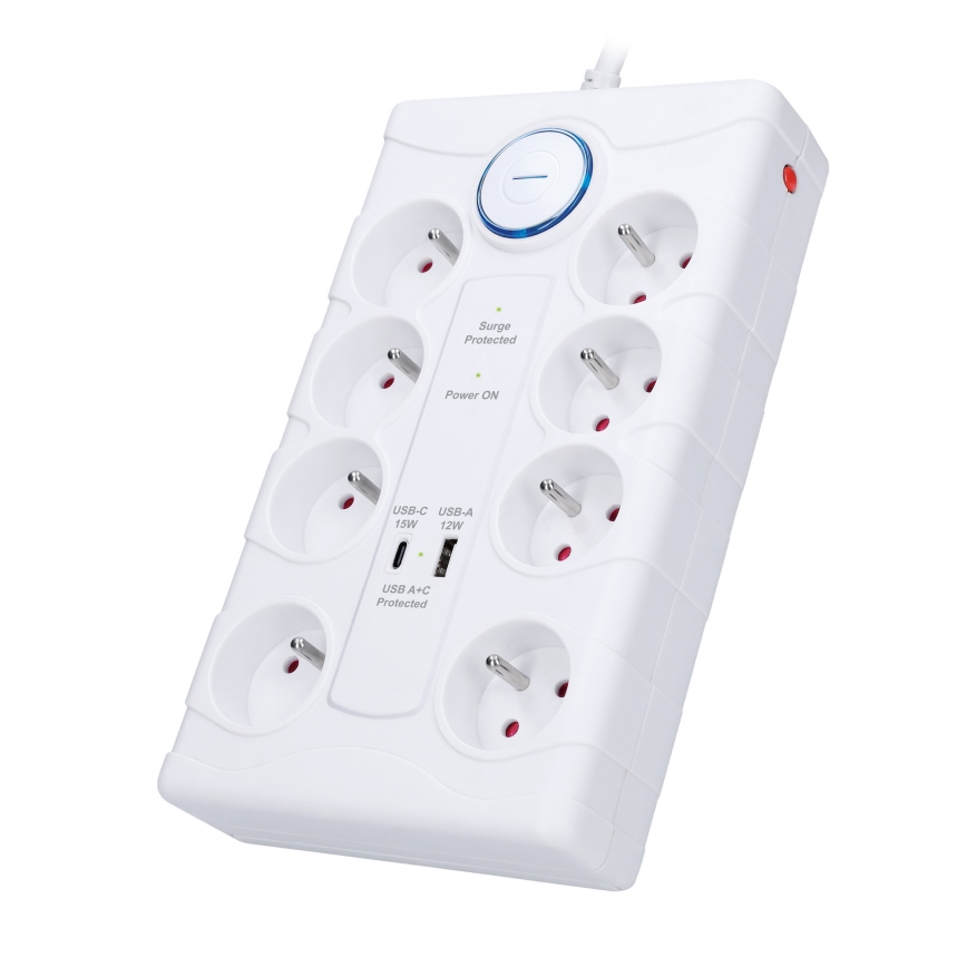 Cable de extensión con interruptor y protección contra sobretensiones 8Z Tipo E + 1xUSB-A + 1xUSB-C 2m blanco