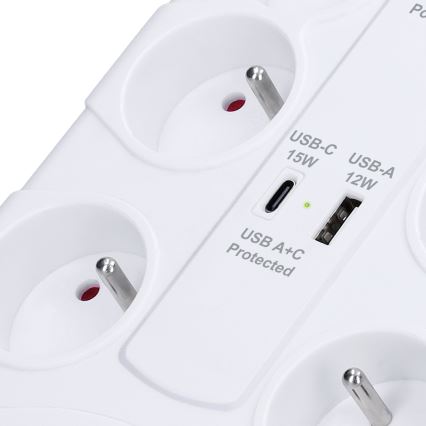 Cable de extensión con interruptor y protección contra sobretensiones 8Z Tipo E + 1xUSB-A + 1xUSB-C 2m blanco