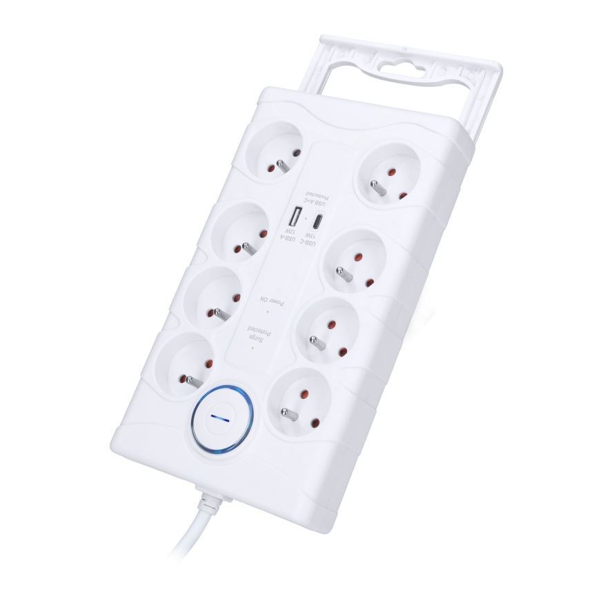 Cable de extensión con interruptor y protección contra sobretensiones 8Z Tipo E + 1xUSB-A + 1xUSB-C 2m blanco