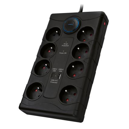Regleta de 8 tomas Tipo E con interruptor y protección contra sobretensiones + 1x USB-A + 1x USB-C, 2 m, negra