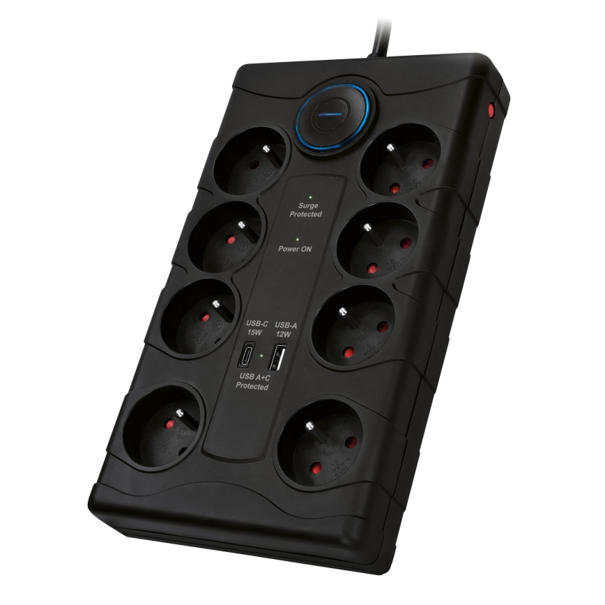 Regleta de 8 tomas Tipo E con interruptor y protección contra sobretensiones + 1x USB-A + 1x USB-C, 2 m, negra
