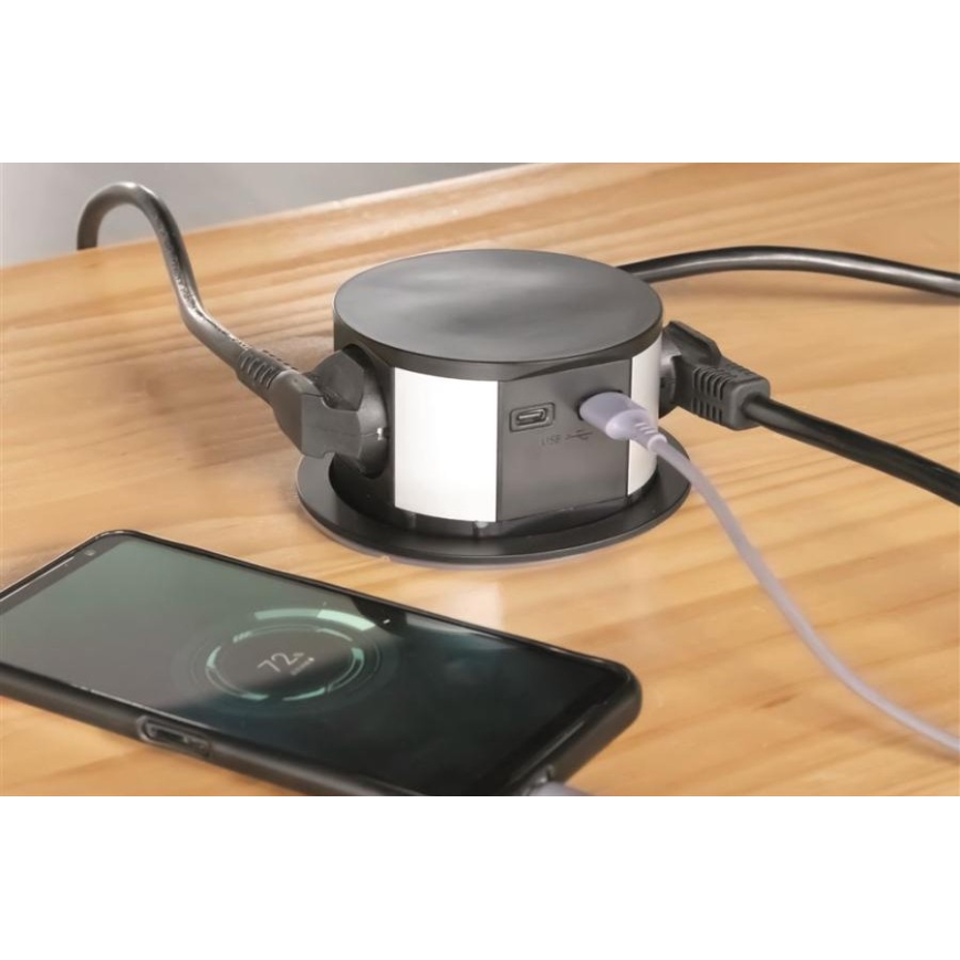 Solight PP100USBC-B - Columna de enchufes para mesa 3x230V + 2xUSB negro