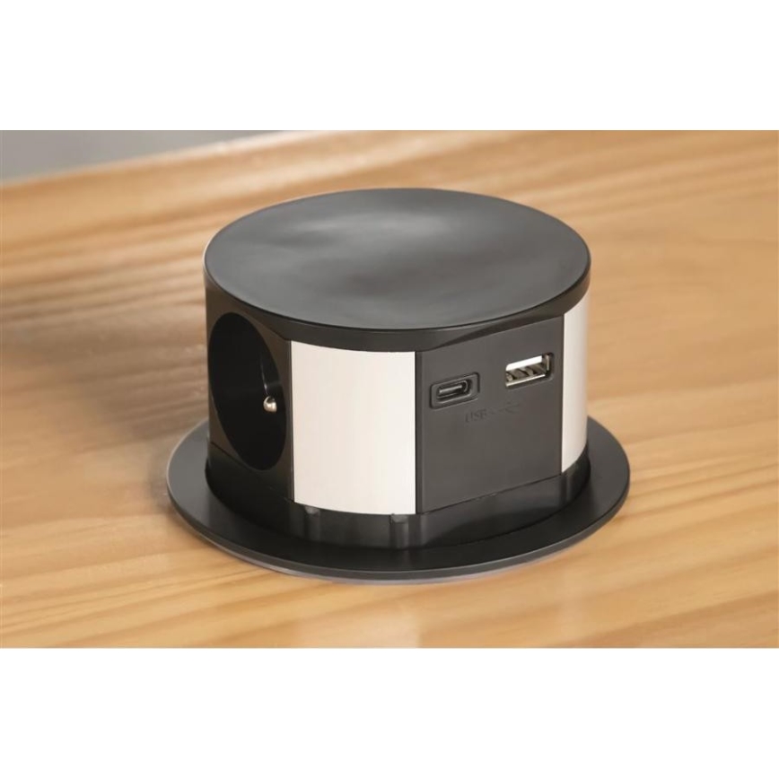 Solight PP100USBC-B - Columna de enchufes para mesa 3x230V + 2xUSB negro