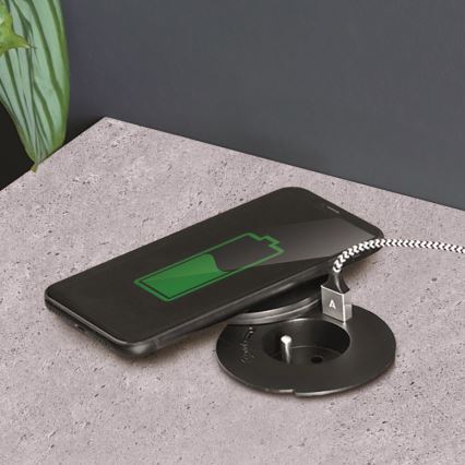 Toma empotrada con carga inalámbrica de 10 W, 1 toma + USB A y C, negra