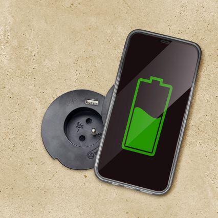 Toma empotrada con carga inalámbrica de 10 W, 1 toma + USB A y C, negra