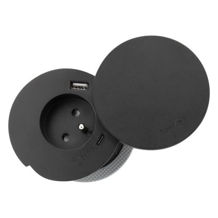 Toma empotrada con carga inalámbrica de 10 W, 1 toma + USB A y C, negra