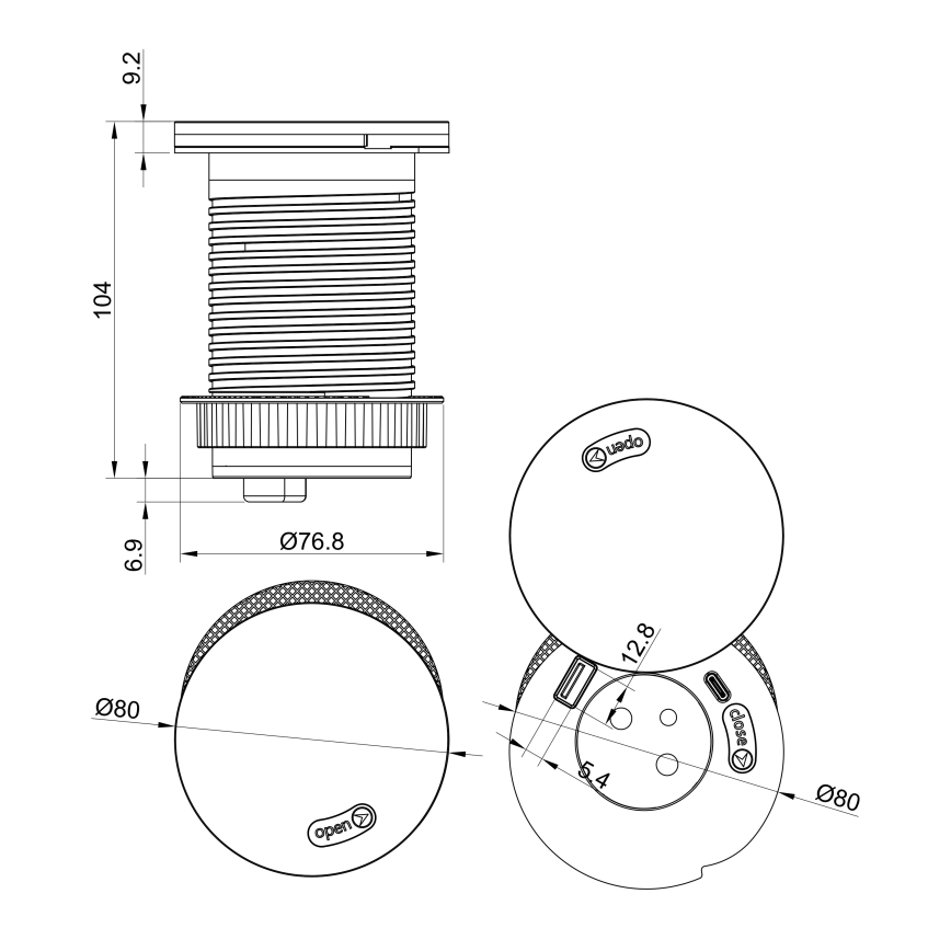 Toma empotrada con carga inalámbrica de 10 W, 1 toma + USB A y C, negra